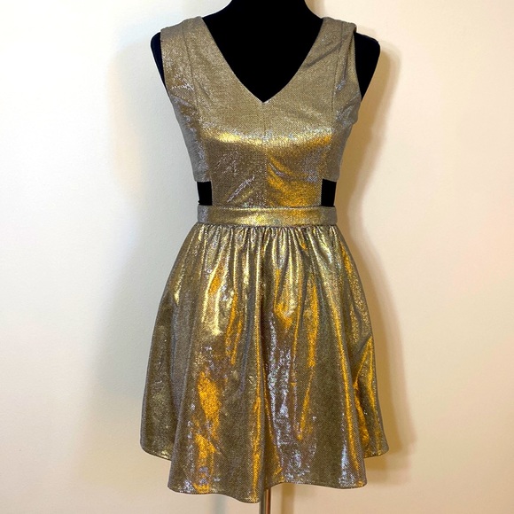 Metallic Gold fit and flare cut out mini party dress - Picture 1 of 6